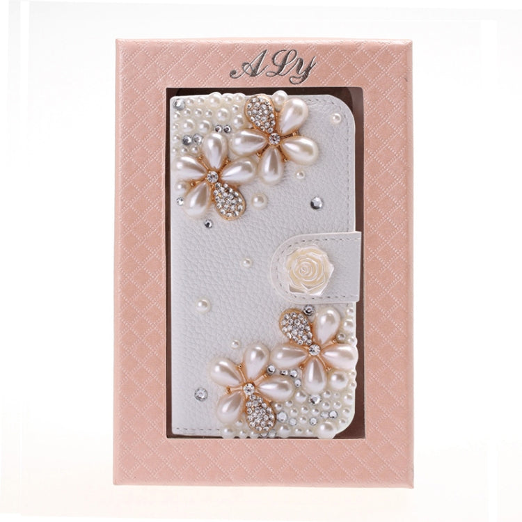 DIY 3D Pearl Flower Diamond Encrusted Leather Case with Credit Card Slots & Holder for iPhone 5 & 5s & SE & SE (White)