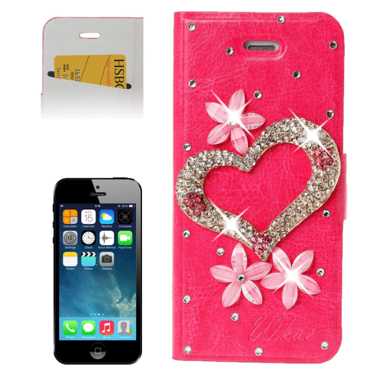DIY 3D Heart Diamond Encrusted Leather Case with Credit Card Slot for iPhone 5 & 5s & SE & SE (Magenta)
