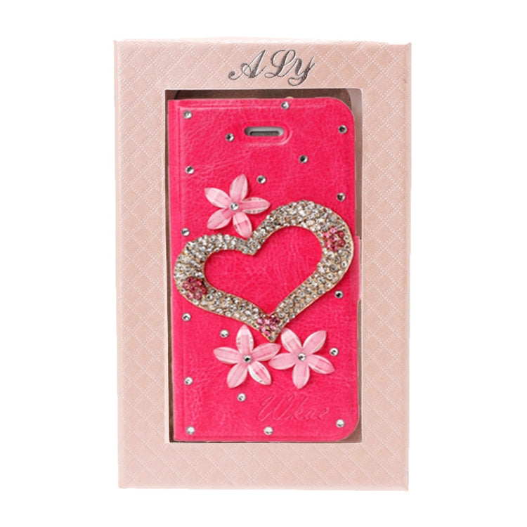 DIY 3D Heart Diamond Encrusted Leather Case with Credit Card Slot for iPhone 5 & 5s & SE & SE (Magenta)
