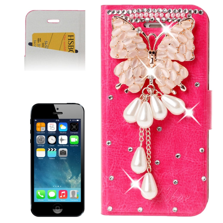 DIY 3D Butterfly Diamond Encrusted Leather Case with Credit Card Slot for iPhone 5 & 5s & SE & SE (Magenta)