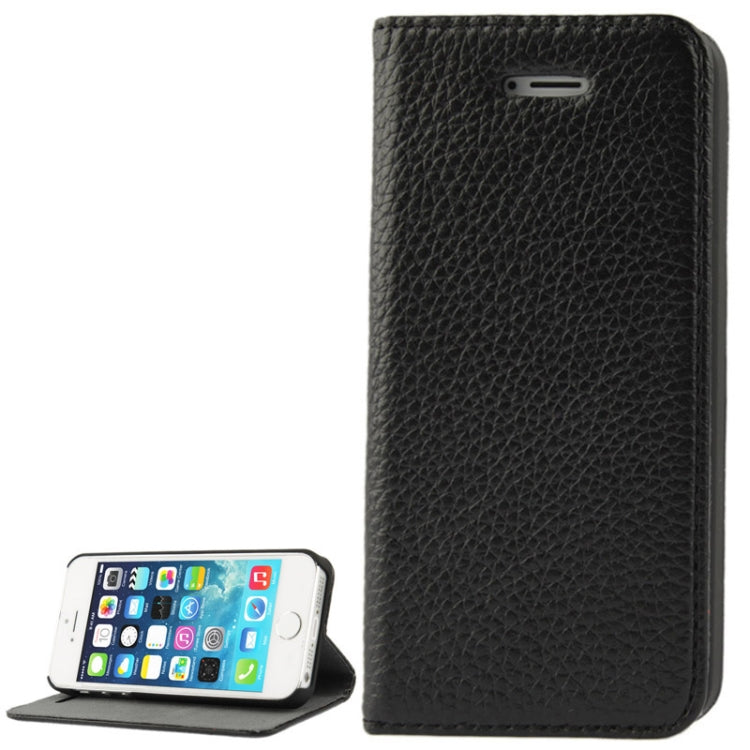 Litchi Texture Flip Top-grain Genuine Leather Case with Holder for iPhone 5 & 5s & SE & SE