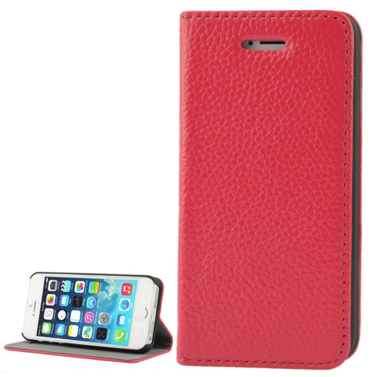 Litchi Texture Flip Top-grain Genuine Leather Case with Holder for iPhone 5 & 5s & SE & SE