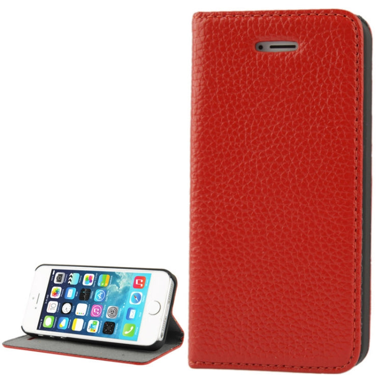 Litchi Texture Flip Top-grain Genuine Leather Case with Holder for iPhone 5 & 5s & SE & SE