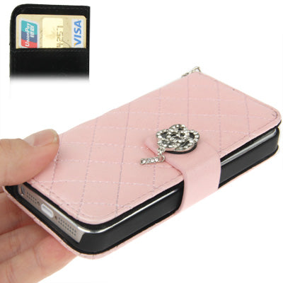 Plaid Texture Diamond Flower Button Flip Leather Case with Credit Card Slot & Chain for iPhone 5