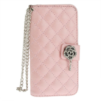 Plaid Texture Diamond Flower Button Flip Leather Case with Credit Card Slot & Chain for iPhone 5