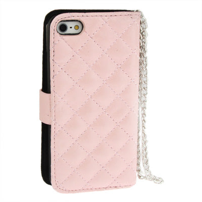 Plaid Texture Diamond Flower Button Flip Leather Case with Credit Card Slot & Chain for iPhone 5