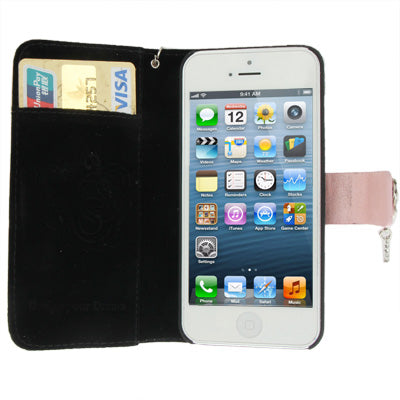Plaid Texture Diamond Flower Button Flip Leather Case with Credit Card Slot & Chain for iPhone 5