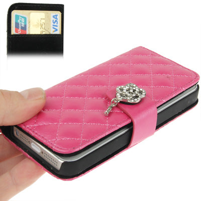 Plaid Texture Diamond Flower Button Flip Leather Case with Credit Card Slot & Chain for iPhone 5