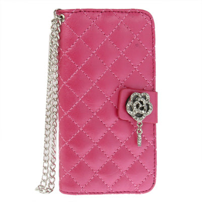 Plaid Texture Diamond Flower Button Flip Leather Case with Credit Card Slot & Chain for iPhone 5