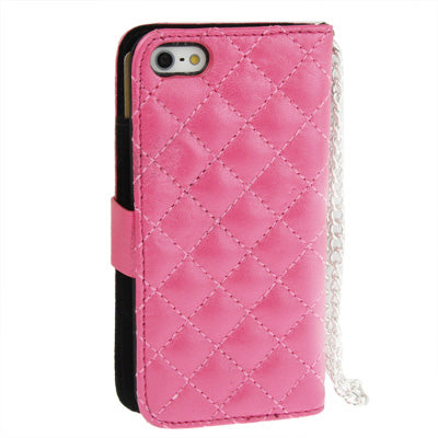 Plaid Texture Diamond Flower Button Flip Leather Case with Credit Card Slot & Chain for iPhone 5
