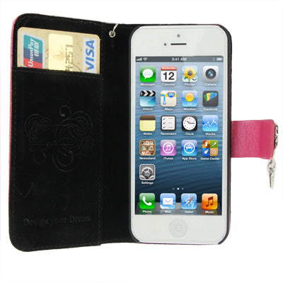 Plaid Texture Diamond Flower Button Flip Leather Case with Credit Card Slot & Chain for iPhone 5