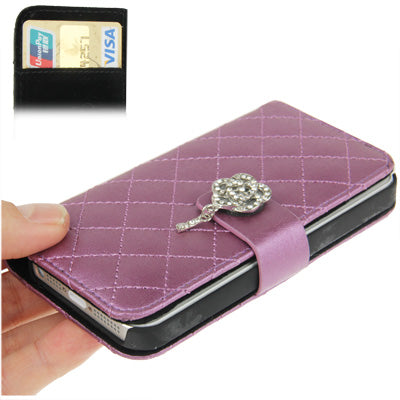 Plaid Texture Diamond Flower Button Flip Leather Case with Credit Card Slot & Chain for iPhone 5