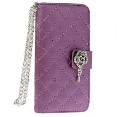 Plaid Texture Diamond Flower Button Flip Leather Case with Credit Card Slot & Chain for iPhone 5