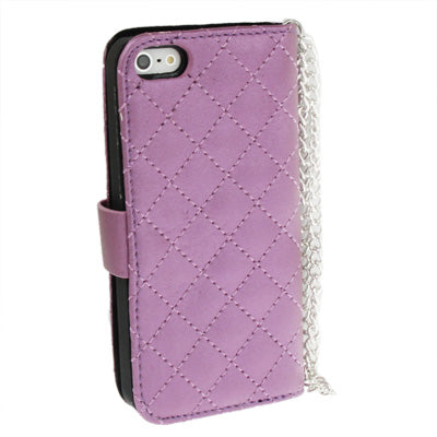 Plaid Texture Diamond Flower Button Flip Leather Case with Credit Card Slot & Chain for iPhone 5