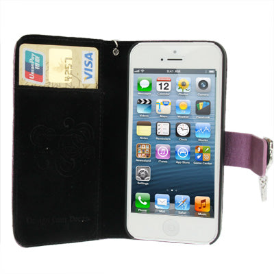 Plaid Texture Diamond Flower Button Flip Leather Case with Credit Card Slot & Chain for iPhone 5