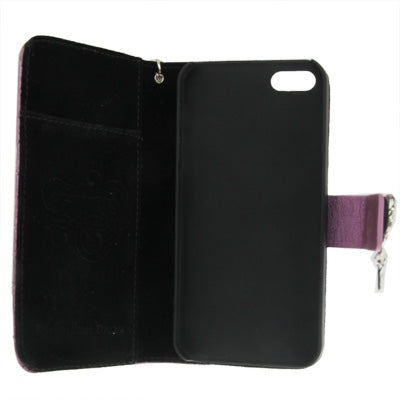 Plaid Texture Diamond Flower Button Flip Leather Case with Credit Card Slot & Chain for iPhone 5
