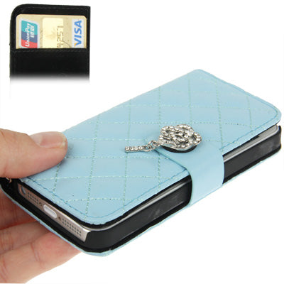 Plaid Texture Diamond Flower Button Flip Leather Case with Credit Card Slot & Chain for iPhone 5