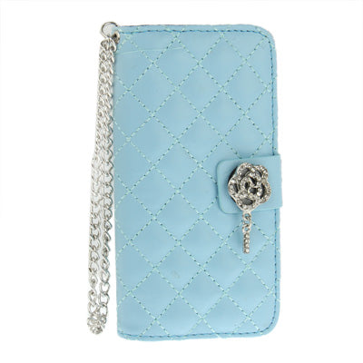 Plaid Texture Diamond Flower Button Flip Leather Case with Credit Card Slot & Chain for iPhone 5