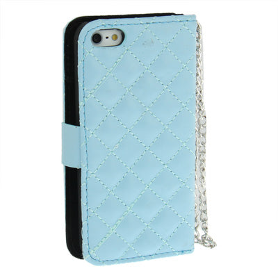 Plaid Texture Diamond Flower Button Flip Leather Case with Credit Card Slot & Chain for iPhone 5