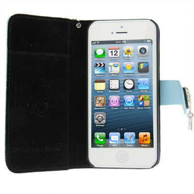 Plaid Texture Diamond Flower Button Flip Leather Case with Credit Card Slot & Chain for iPhone 5