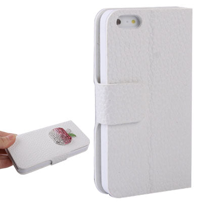 Litchi Pattern Horizontal Flip Diamond Encrusted Apple Leather Case with Credit Card Slot & Holder for iPhone 5 & 5s & SE & SE  (White)