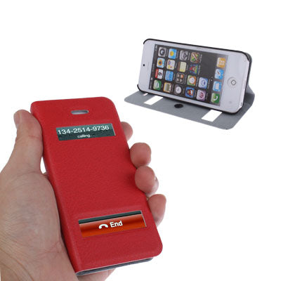 Ultrathin Lichee Texture Smart Pocket Callid Caller ID Leather Case Cover with Holder for iPhone 5 (Red)