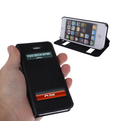Ultrathin Lichee Texture Smart Pocket Callid Caller ID Leather Case Cover with Holder for iPhone 5 (Black)