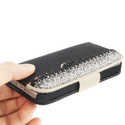 Diamond Encrusted Litchi Texture Horizontal Flip Leather Case with Credit Card Slots for iPhone 5 & 5S