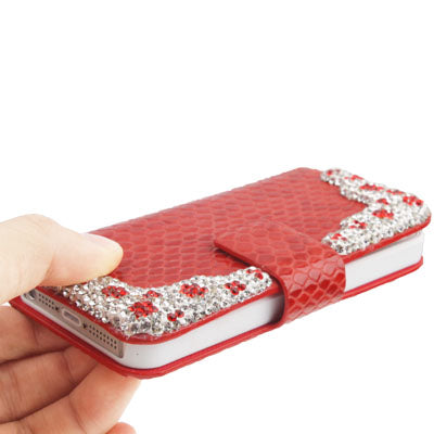 Diamond Encrusted Snakeskin Texture Horizontal Flip Leather Case with Credit Card Slots for iPhone 5 & 5S