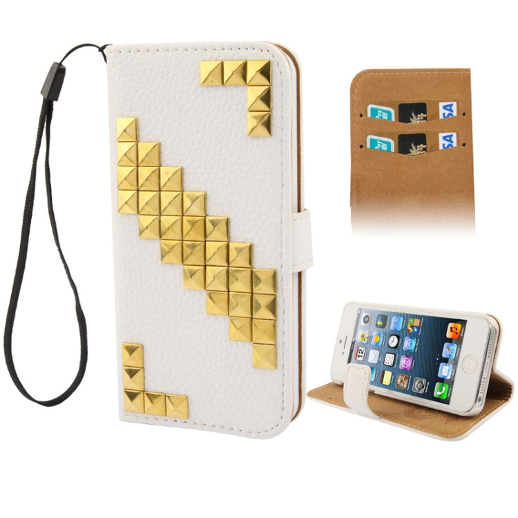 Golden Rivet Litchi Texture Horizontal Flip Leather Case with Credit Card Slots & Holder & Lanyard for iPhone 5 & 5s & SE & SE
