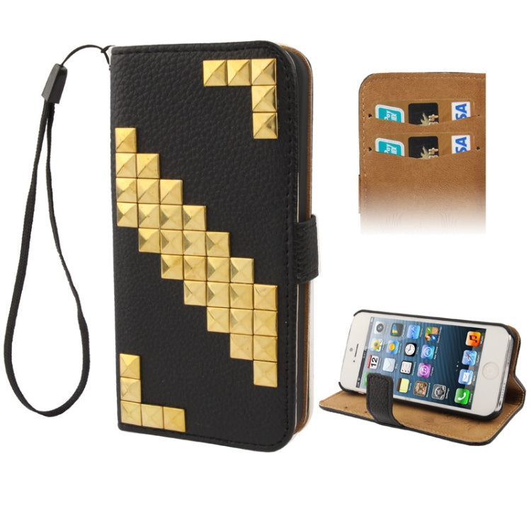 Golden Rivet Litchi Texture Horizontal Flip Leather Case with Credit Card Slots & Holder & Lanyard for iPhone 5 & 5s & SE & SE