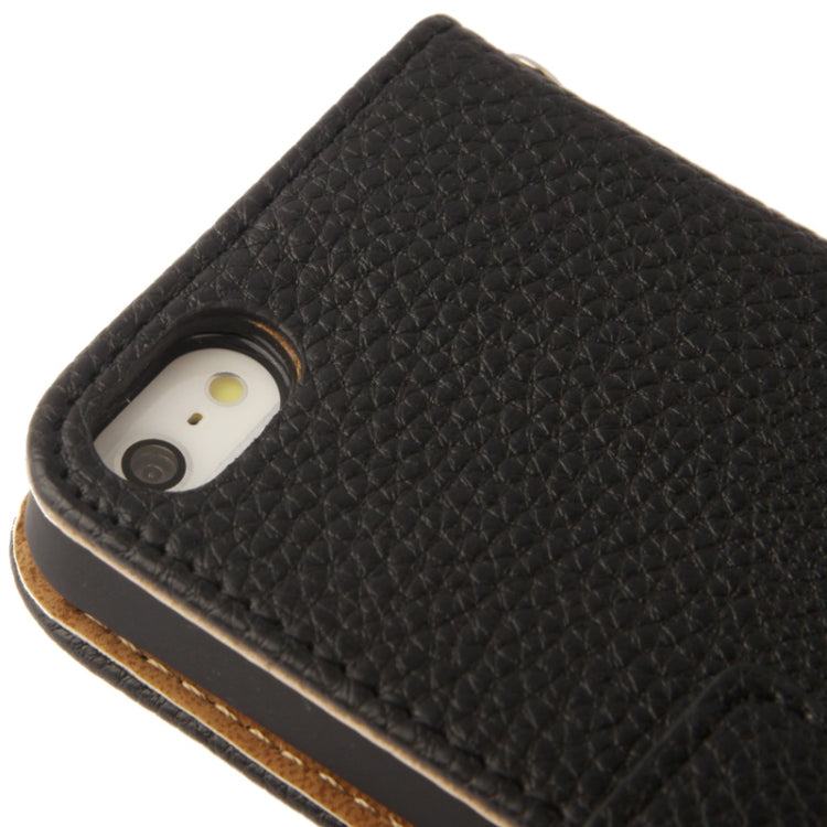 Golden Rivet Litchi Texture Horizontal Flip Leather Case with Credit Card Slots & Holder & Lanyard for iPhone 5 & 5s & SE & SE