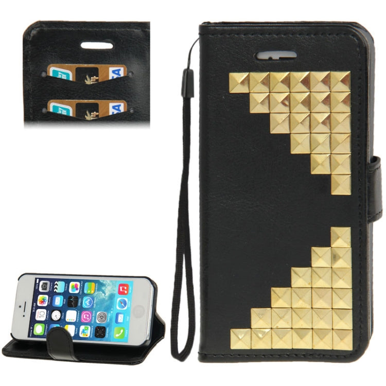 Golden Rivet Crazy Horse Texture Leather Case with Credit Card Slot & Holder & Lanyard for iPhone 5 & 5s & SE & SE