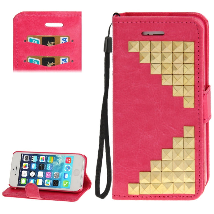 Golden Rivet Crazy Horse Texture Leather Case with Credit Card Slot & Holder & Lanyard for iPhone 5 & 5s & SE & SE