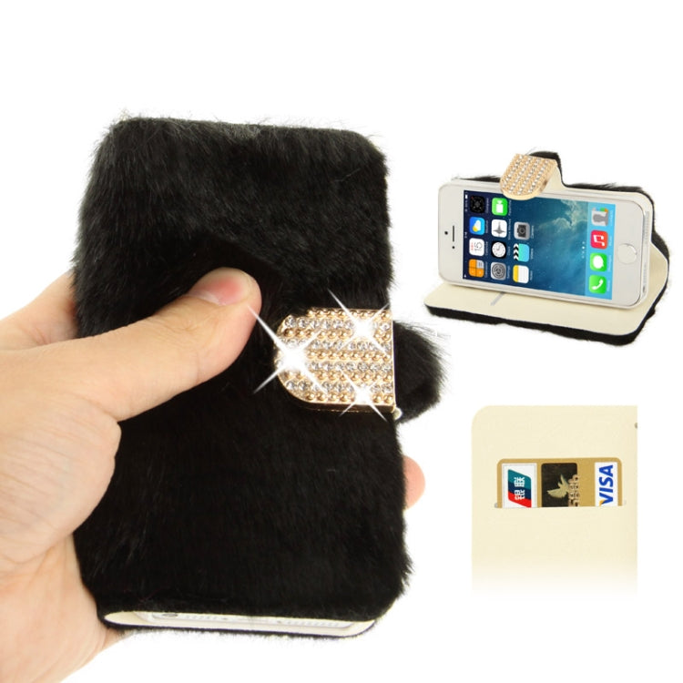 Diamond Encrusted Winter Warm Fur Leather Case with Credit Card Slot & Holder for iPhone 5 & 5s & SE & SE