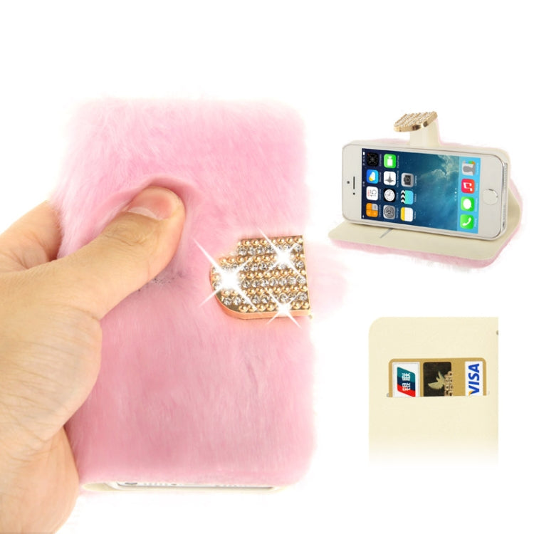 Diamond Encrusted Winter Warm Fur Leather Case with Credit Card Slot & Holder for iPhone 5 & 5s & SE & SE