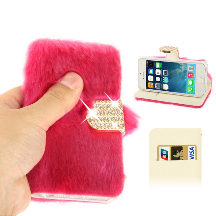 Diamond Encrusted Winter Warm Fur Leather Case with Credit Card Slot & Holder for iPhone 5 & 5s & SE & SE