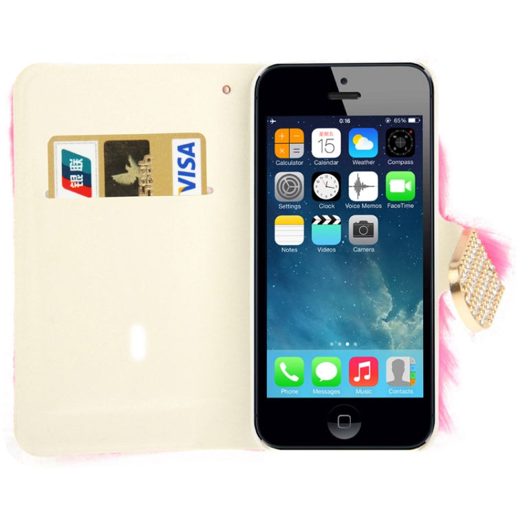Diamond Encrusted Winter Warm Fur Leather Case with Credit Card Slot & Holder for iPhone 5 & 5s & SE & SE