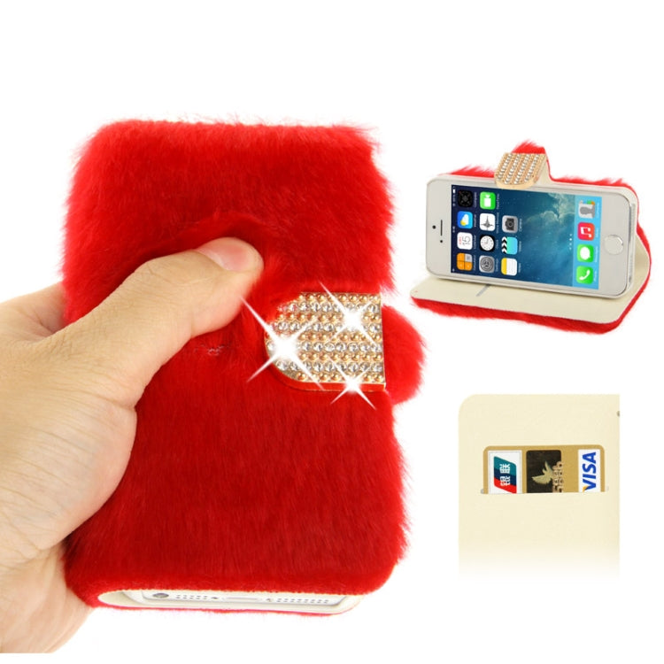Diamond Encrusted Winter Warm Fur Leather Case with Credit Card Slot & Holder for iPhone 5 & 5s & SE & SE