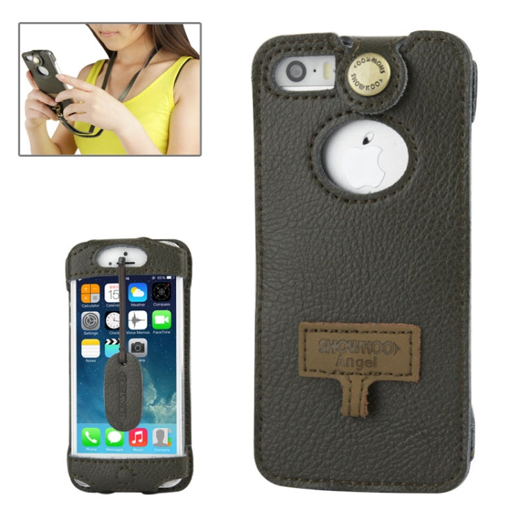 SHOWKOO Lichi Texture Premium Luxury Vertical Style Snap Button Leather Case with Call Display ID &  Lanyards for iPhone 5 & 5s & SE & SE (Army Green)