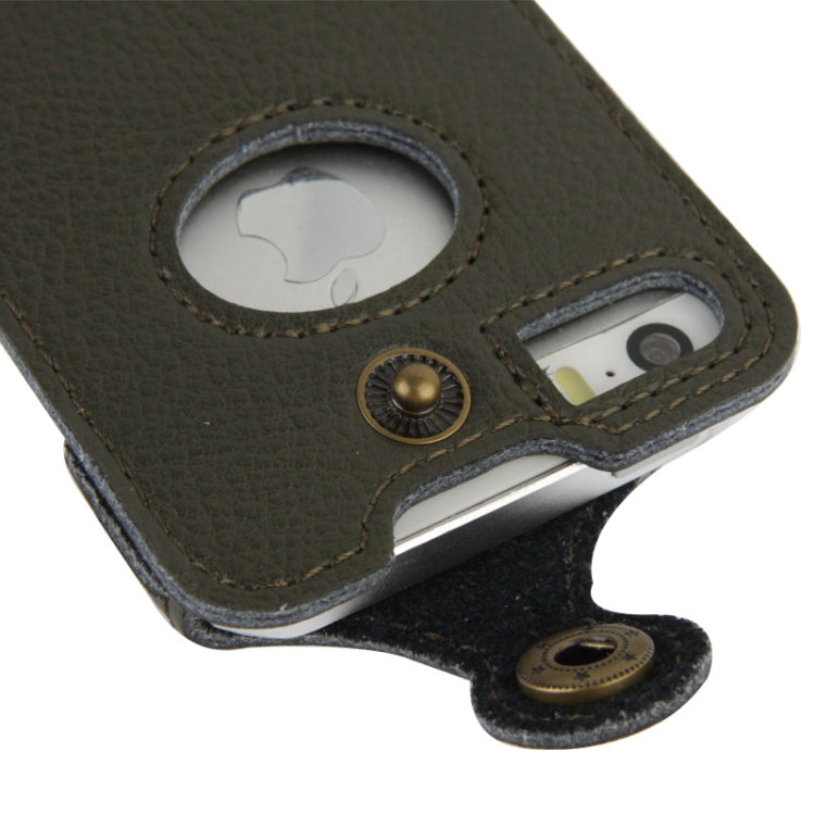 SHOWKOO Lichi Texture Premium Luxury Vertical Style Snap Button Leather Case with Call Display ID &  Lanyards for iPhone 5 & 5s & SE & SE (Army Green)
