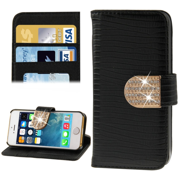 Lizard Texture Diamond Button Flip Leather Case with Credit Card Slots & Holder for iPhone 5 & 5S