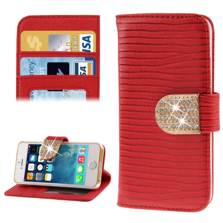 Lizard Texture Diamond Button Flip Leather Case with Credit Card Slots & Holder for iPhone 5 & 5S