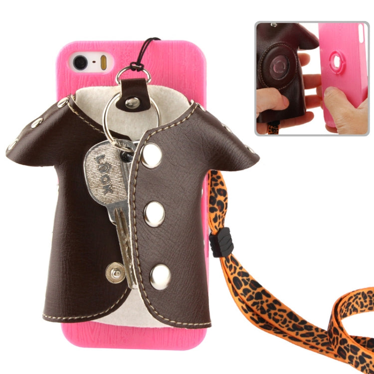 WUBENFU Series Detachable Leather Clothing Keyring Wood Texture Plastic Case with Leopard Phone Neck Rope for iPhone 5 & 5s & SE