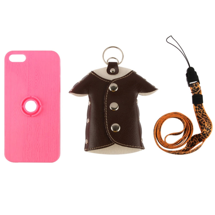 WUBENFU Series Detachable Leather Clothing Keyring Wood Texture Plastic Case with Leopard Phone Neck Rope for iPhone 5 & 5s & SE