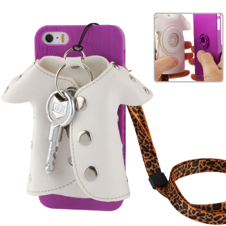 WUBENFU Series Detachable Leather Clothing Keyring Wood Texture Plastic Case with Leopard Phone Neck Rope for iPhone 5 & 5s & SE