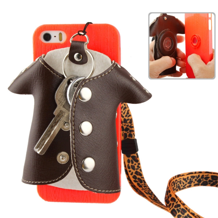 WUBENFU Series Detachable Leather Clothing Keyring Wood Texture Plastic Case with Leopard Phone Neck Rope for iPhone 5 & 5s & SE