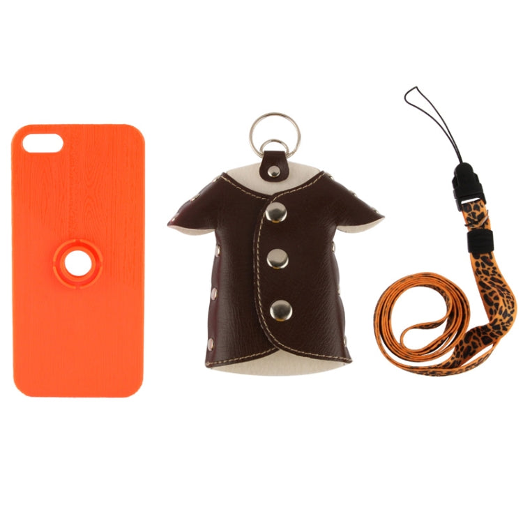 WUBENFU Series Detachable Leather Clothing Keyring Wood Texture Plastic Case with Leopard Phone Neck Rope for iPhone 5 & 5s & SE