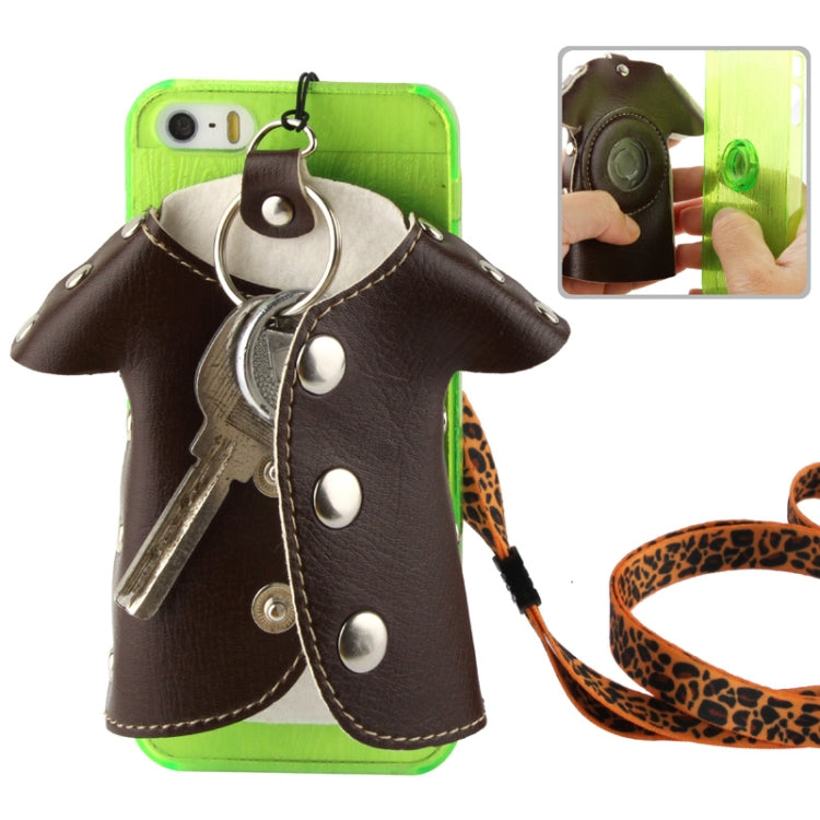WUBENFU Series Detachable Leather Clothing Keyring Wood Texture Transparent Plastic Case with Leopard Phone Neck Rope for iPhone 5 & 5s & SE