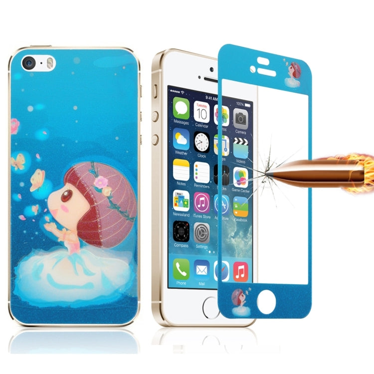 0.3mm Cartoon Girl Pattern Embossed Fluorescent Front + Back Tempered Glass Screen Protector for iPhone 5 & 5S